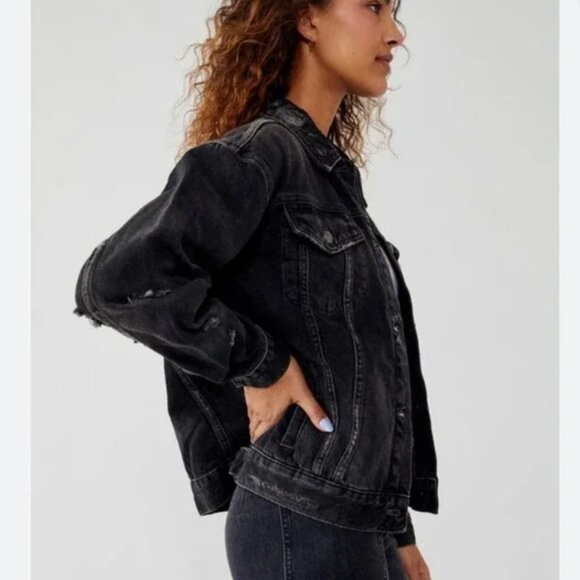 Free People Jolene Oversized Trucker Denim Jean Jacket In Black Large - Picture 7 of 8
